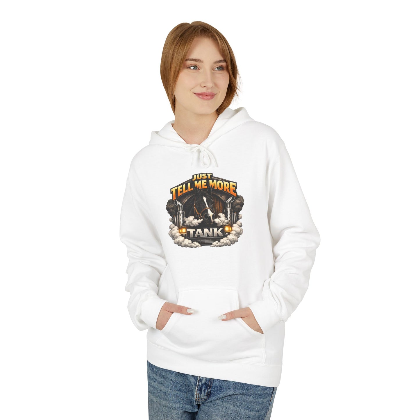 Tell Me More Tank Hoodie — Graphic Military Tank Illustration Hoodie