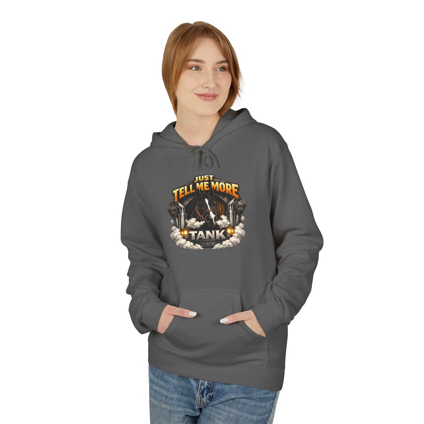 Tell Me More Tank Hoodie — Graphic Military Tank Illustration Hoodie